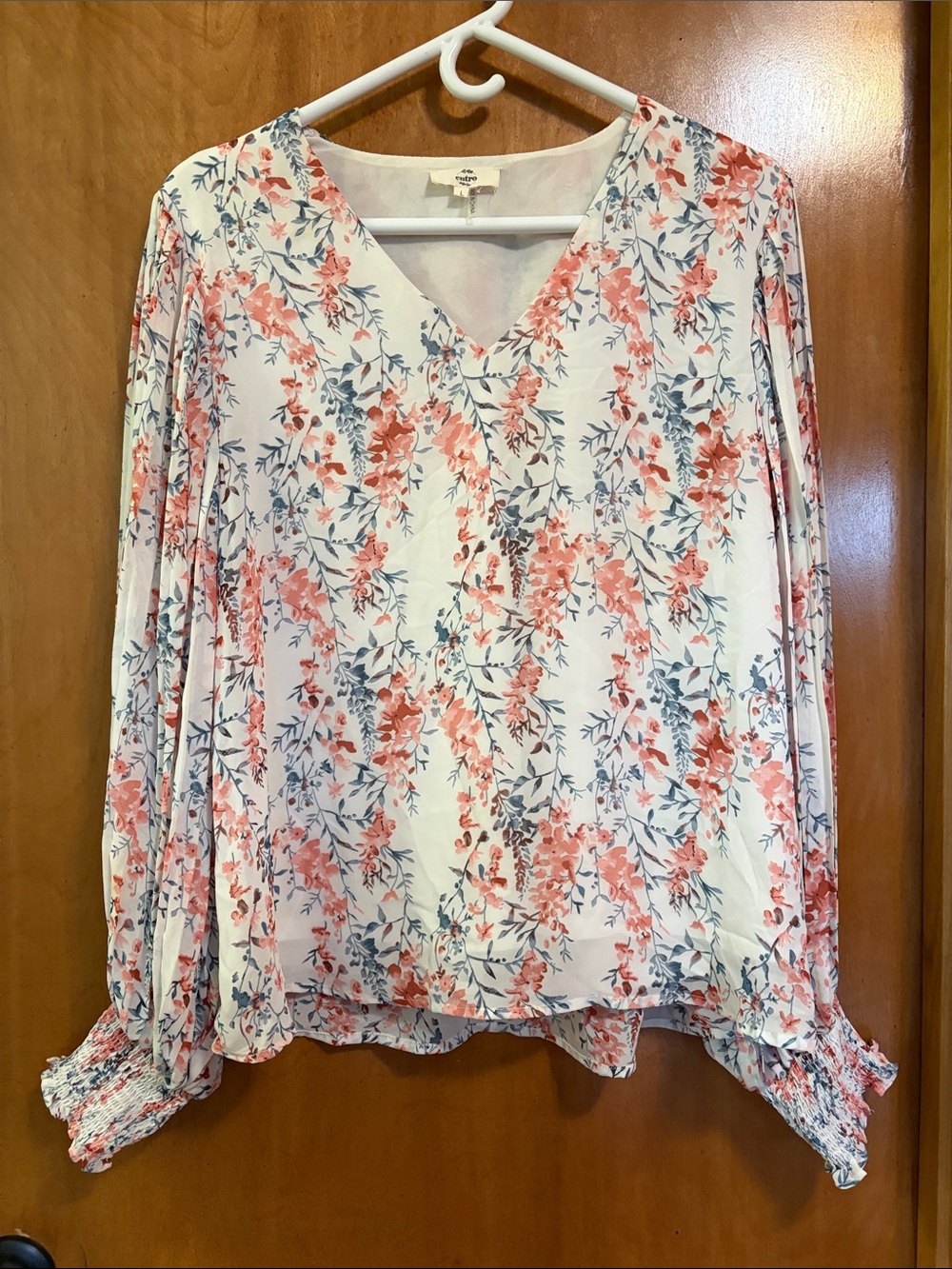 Entro Coral Floral V-Neck Blouse with Blue Leaves - Size L